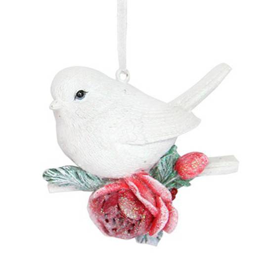 Resin White Bird with Red Rose 7cm